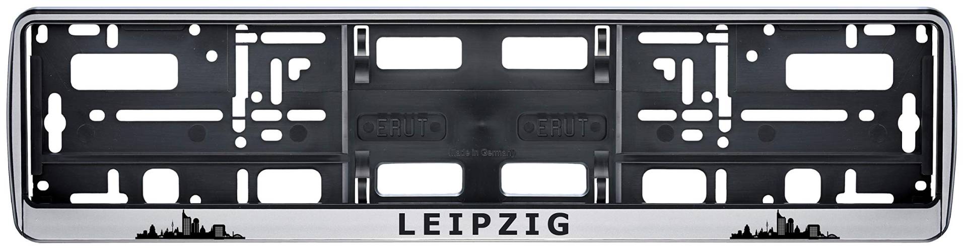 Auto Kennzeichenhalter Leipzig Skyline in der Farbe Silber/Schwarz Nummernschildhalterung Auto, Nummernschildhalter Fanartikel 2 Stück von aina