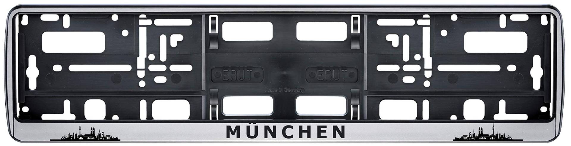 Auto Kennzeichenhalter München Skyline in der Farbe Silber/Schwarz Nummernschildhalterung Auto, Nummernschildhalter Fanartikel 2 Stück von aina