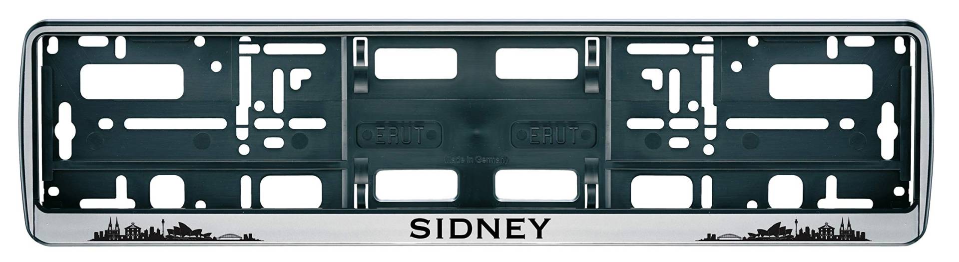 Auto Kennzeichenhalter in der Farbe Silber/Schwarz Nummernschildhalterung Auto, Nummernschildhalter Skyline Sidney Australien Stadt City 2 Stück von aina