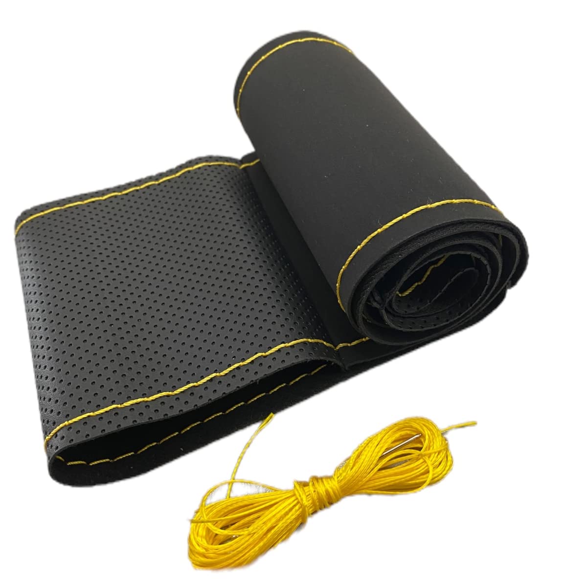 akhan - Lenkradbezug 50 cm zum Schnüren Schwarz Alcantara und gelochte Leder mit Gelbe Naht akhan - Lenkradbezug 50 cm zum Schnüren Schwarz Alcantara und gelochte Leder mit Gelbe Naht von akhan