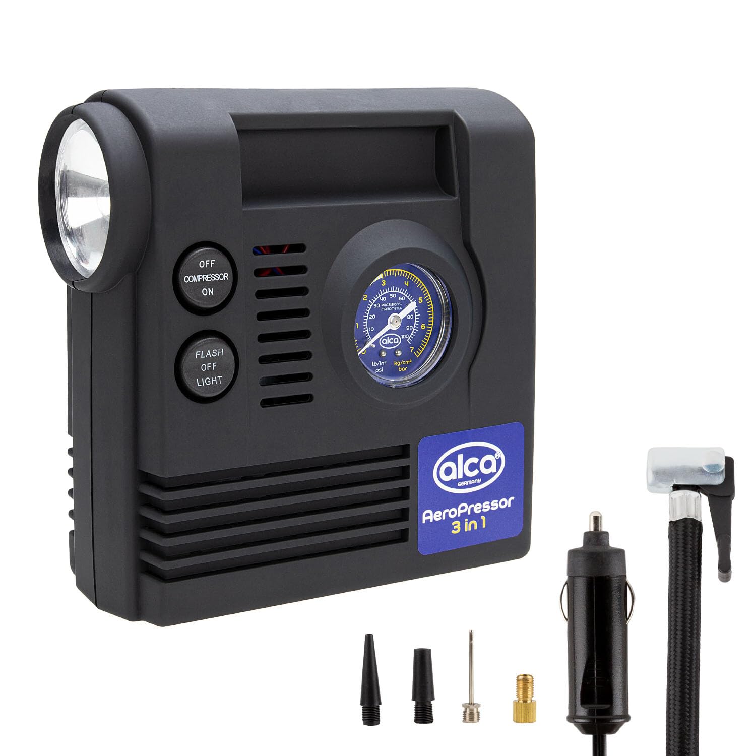 alca® Auto Kompressor mini 3in1 mit Licht, elektrische Luftpumpe 12V, 21 bar, Zigarettenanzünder von alca
