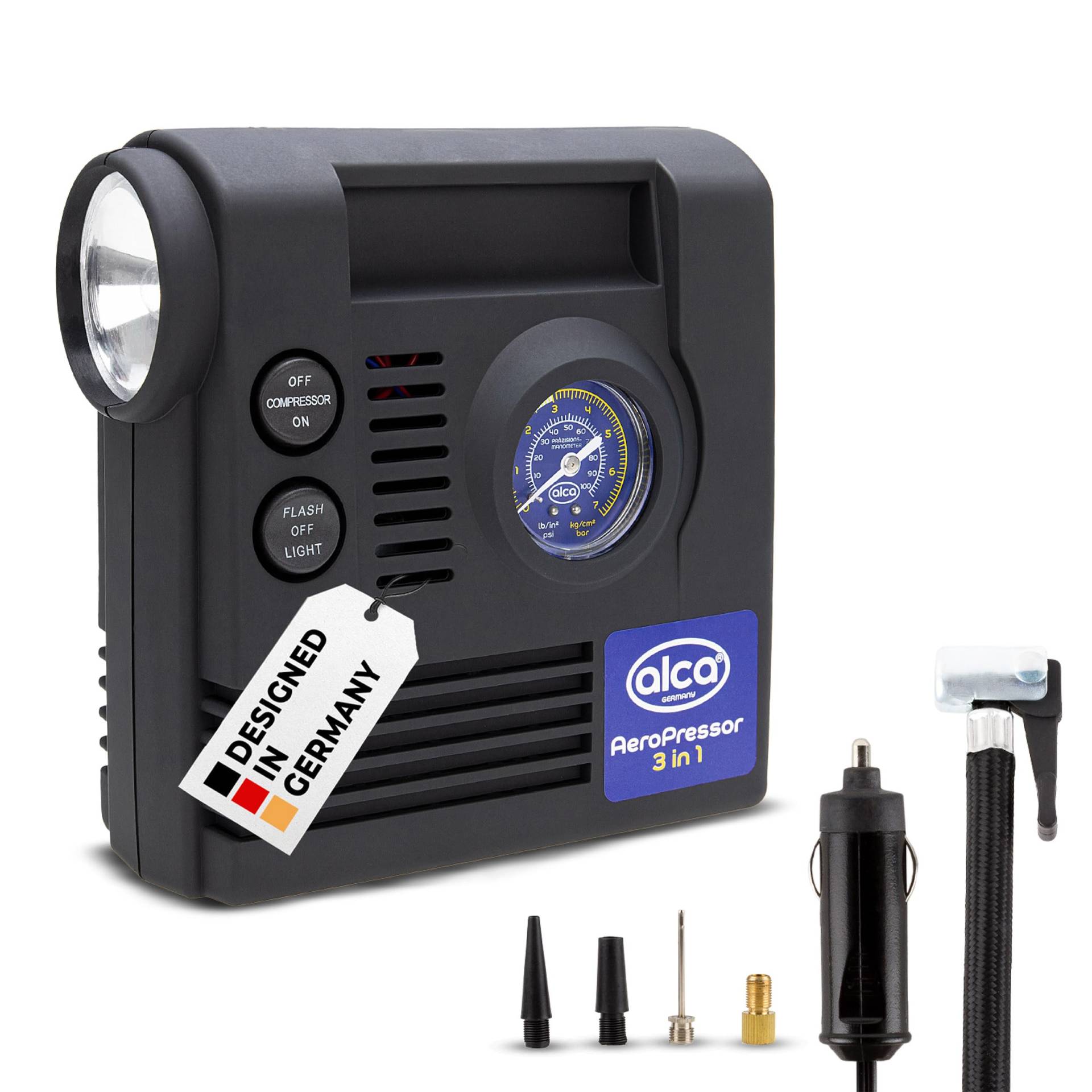 alca® Auto Kompressor mini 3in1 mit Licht, elektrische Luftpumpe 12V, 21 bar, Zigarettenanzünder von alca