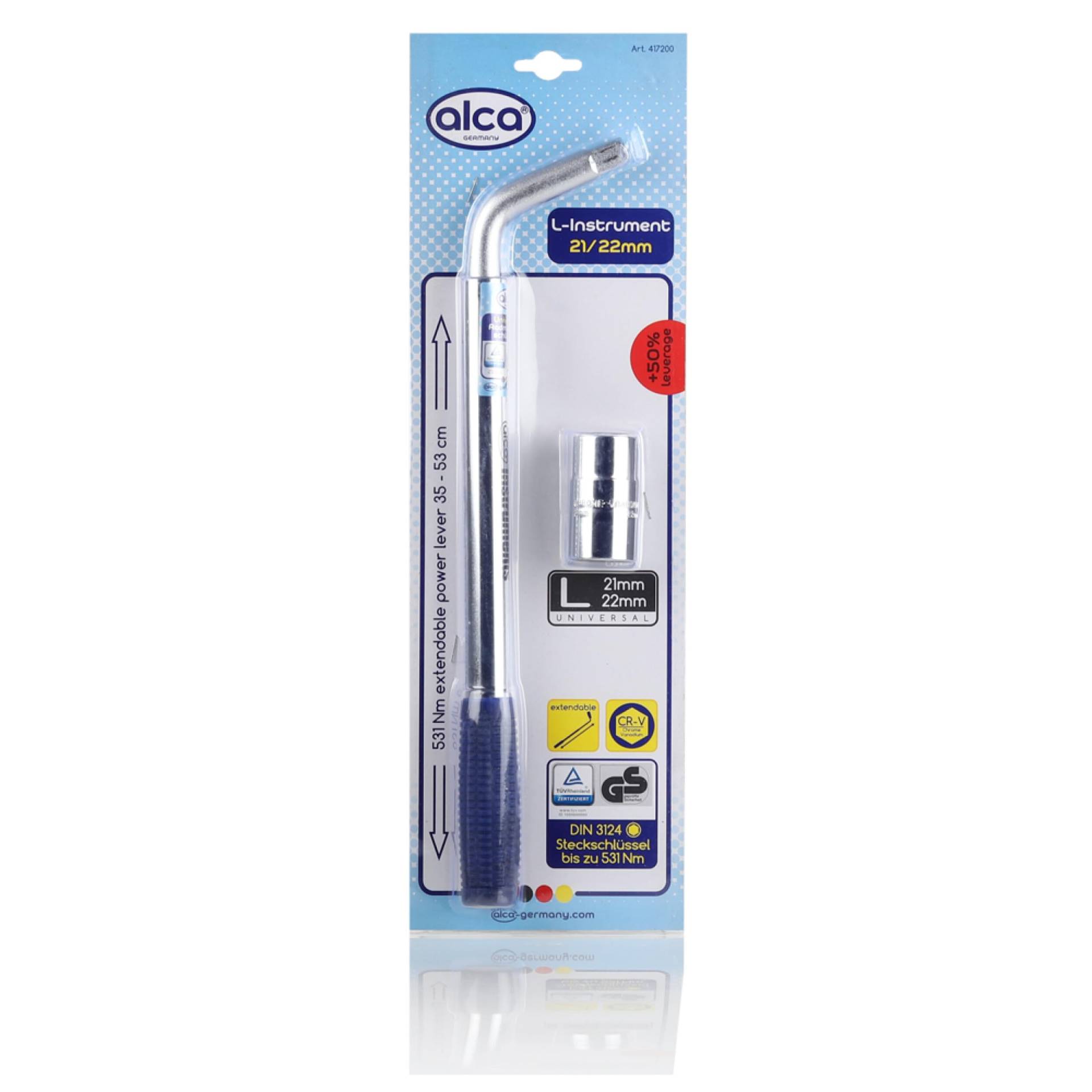 alca® Radmutterschlüssel Universal 21/22mm ausziehbar 35-53 cm mit rutschfestem Kunststoffgriff 1/2 Zoll Vierkant Aufnahme inklusive 21er Nuss von alca