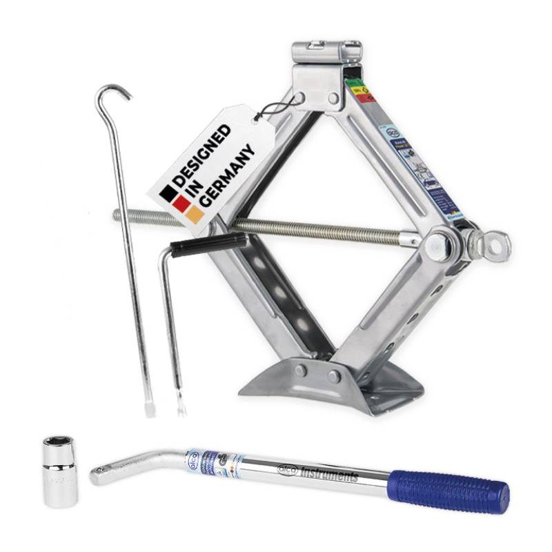 alca® Scherenwagenheber Power 1,5 t und Radmutterschlüssel Universal 17/19 mm Set – Robuster Wagenheber bis -50° C + Leicht und Stabil + Ausziehbarer Radmutterschlüssel bis 53 cm von alca