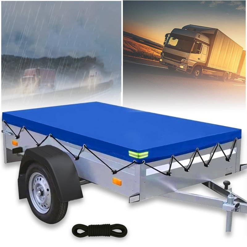 alouweekuky Anhänger Plane 211 x 116 x 8cm, 600D PVC Material Anhängerplane, Abdeckplane Anhänger mit Planenseil Reflexstreifen ösen für 750kg PKW Hänger Autoanhänger von alouweekuky