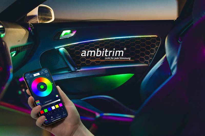 ambitrim® Digital PRO RGB RGBIC Full LED Ambientebeleuchtung | Neuheit 2023 mit 2-Zonen Steuerung & wählbarem Willkommensprogramm via App | Kabellos mit 16,7 Mill. Farben & Farbverläufen von ambitrim