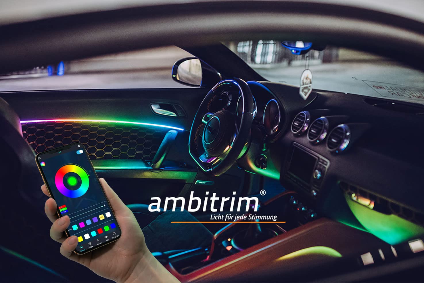 ambitrim® Digital RGB LED Ambientebeleuchtung | Neuheit 2022 RGB Steuerung Via App | Kabellos mit 16,7 Millionen Farben und Farbverläufen - Armaturenbrett mit Willkommensprogramm (WP) von ambitrim
