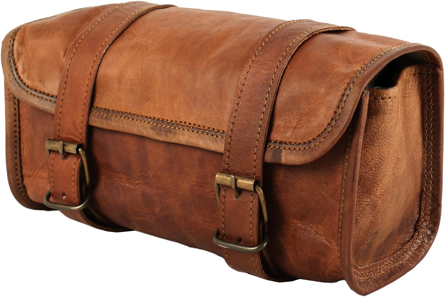american blue Vintage-Motorradtasche aus echtem Ziegenleder, 2-Riemen-Schnallenverschluss, braune Werkzeugtasche, Schnellverschluss, verstärkt, für Lenker, Gabeln, Leder-Fahrradtasche (Muster 1) von american blue