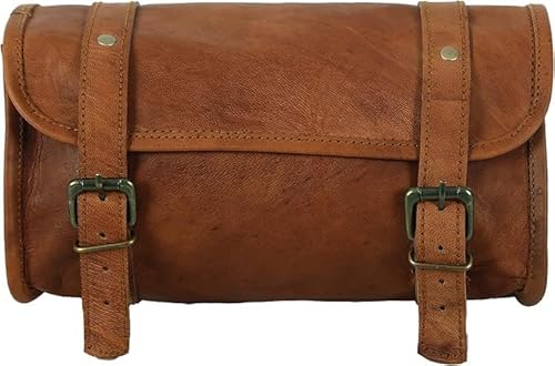 american blue Vintage-Motorradtasche aus echtem Ziegenleder, 2-Riemen-Schnallenverschluss, braune Werkzeugtasche, Schnellverschluss, verstärkt, für Lenker, Gabeln, Leder-Fahrradtasche (Muster 4) von american blue