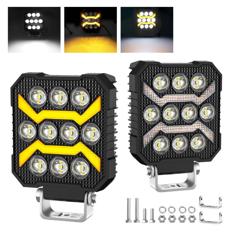 antom LED Arbeitsscheinwerfer 2PCS 12V 3 Farben 6500K 5 Modi led Scheinwerfer IP68 Wasserdicht zusatzscheinwerfer für Rasentraktor, Auto,Kraftfahrzeug,Werkstatt,Boot,Trecker Bagger SUV von antom