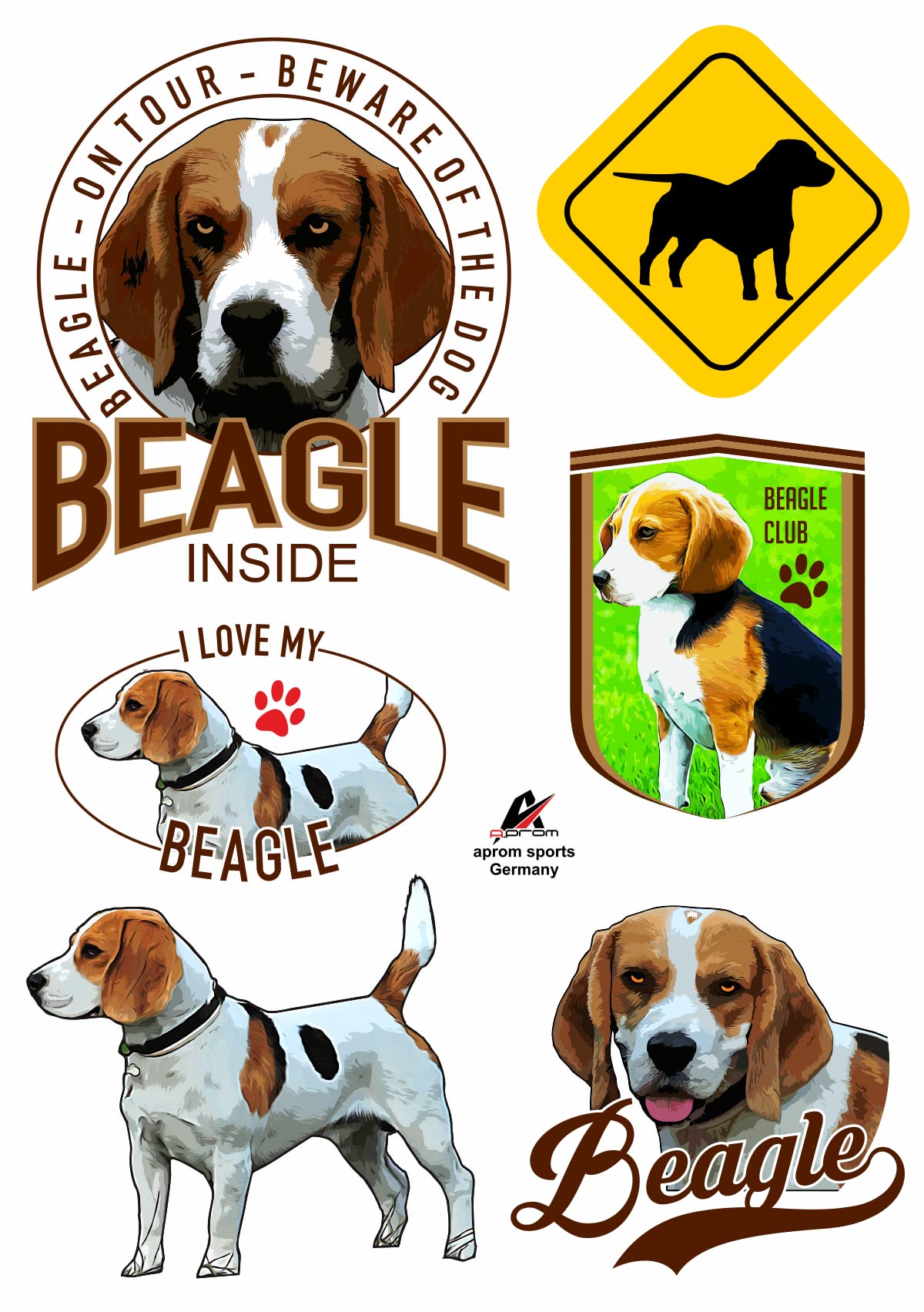 aprom Beagle Hund 6 x Aufkleber Kopf Pfoten Set Karte Sticker-Bogen - 165 x 230 mm - PKW Auto Fahne Flagge Hund von aprom