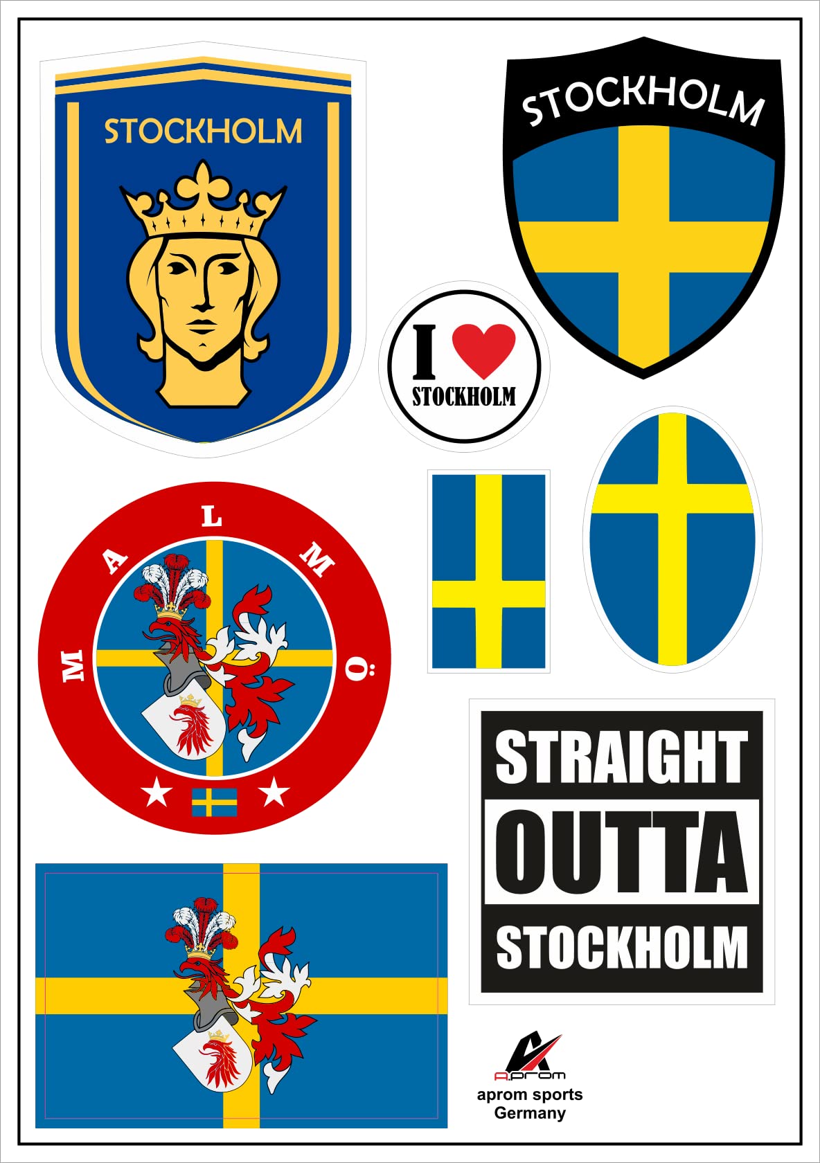 aprom Stockholm Schweden Aufkleber Karte Sticker-Bogen - PKW Auto Fahne Flagge Decal 17x24 cm - Viele Motive von aprom