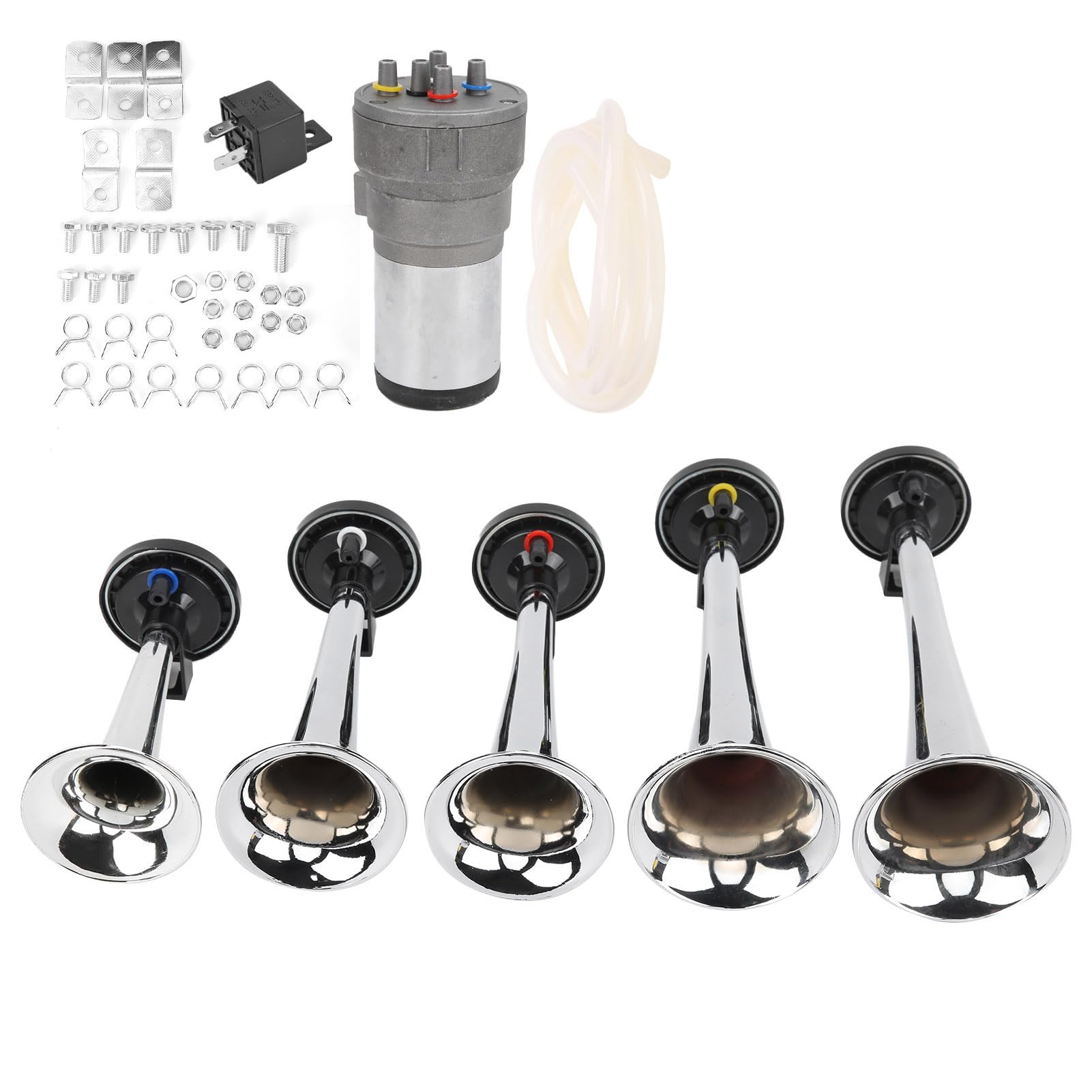 Auto 5 Trompeten-Set, Melodie, 12 V, Chromfarbe, Ersatz für Schiffe, Transporter, Lufthörner, LKWs, Musikalisches Auto-Zubehör von aqxreight