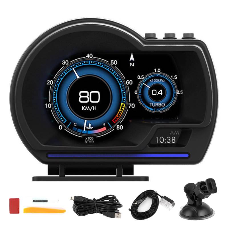 Head Up Display, OBD2 + GPS Smart Head Up Display Gauge Auto HUD Tachometer Turbo RPM Alarm für Auto Truck von aqxreight