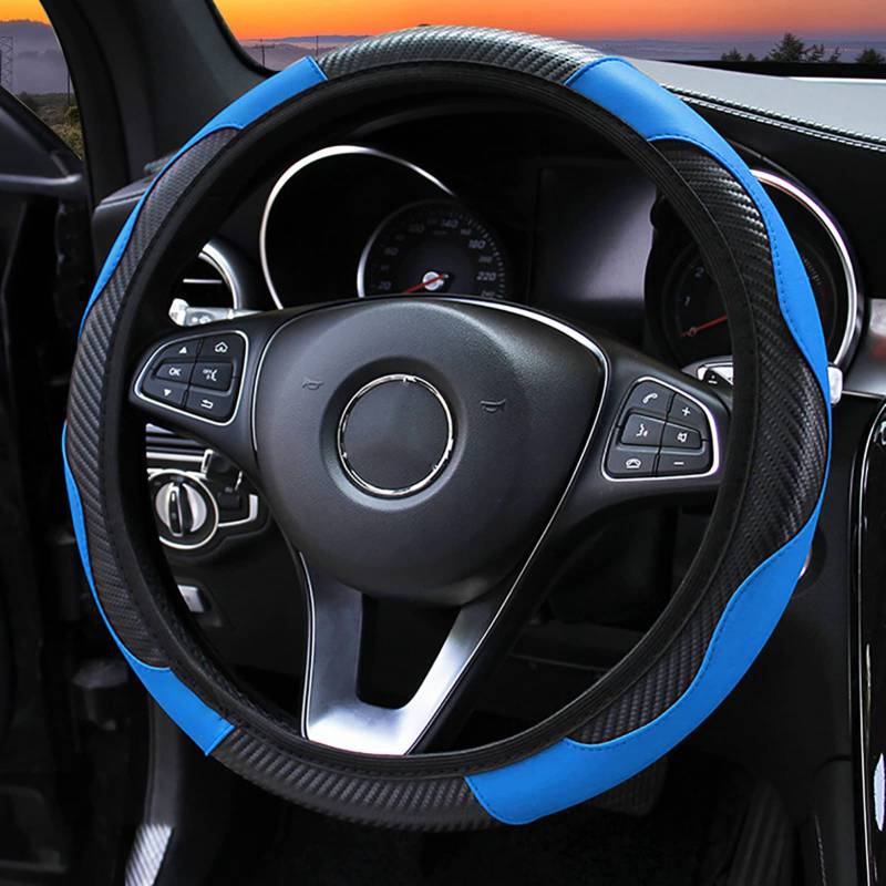aqxreight Auto-Lenkradabdeckung, 38 cm Lenkradabdeckung, Kohlefaser-Stil, Elastische Griffhülle, rutschfeste Lenkradabdeckung für das Auto (Schwarz Blau) von aqxreight