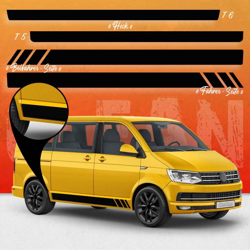 Auto-Dress Seiten-Streifen Aufkleber Set/Dekor passend für VW T4, T5 & T6 Bus - Motiv: Clean Racing ohne Strich (111M Black Matt, Langer Radstand) von auto-Dress.de