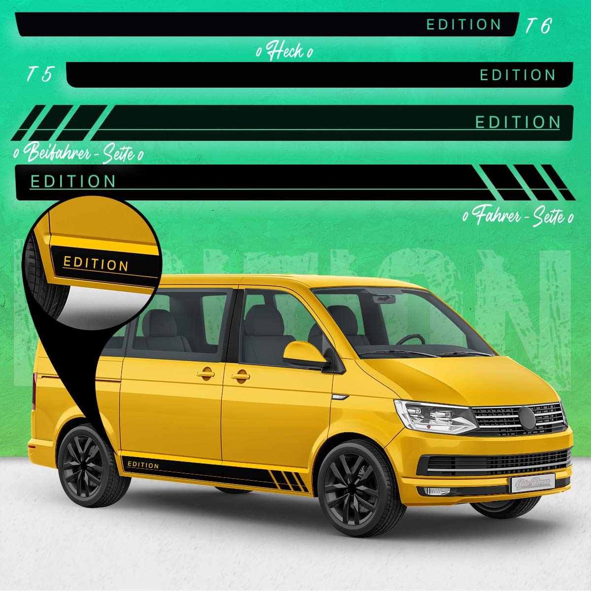 Auto-Dress Seiten-Streifen Aufkleber Set/Dekor passend für VW T4, T5 & T6 Bus - Motiv: Edition Racing (111M Black Matt, Kurzer Radstand) von auto-Dress.de