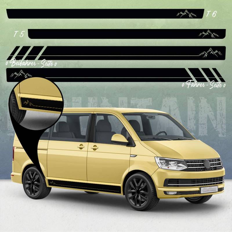 Auto-Dress Seiten-Streifen Aufkleber Set/Dekor passend für VW T4, T5 & T6 Bus - Motiv: Mountain Silhouette Racing mit Strich (111M Black Matt, Langer Radstand) von Auto-Dress