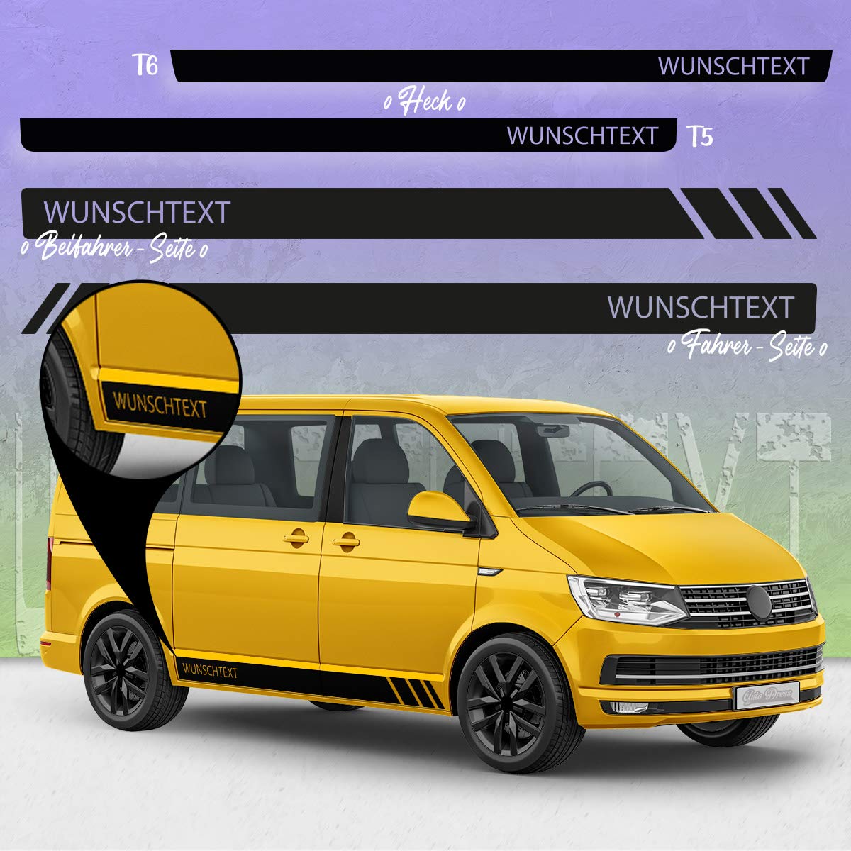 Auto-Dress Seiten-Streifen Aufkleber Set/Dekor passend für VW T4, T5 & T6 Bus - Motiv: Wunschtext Racing ohne Strich (111M Black Matt, Radstand: Kurz) von auto-Dress.de