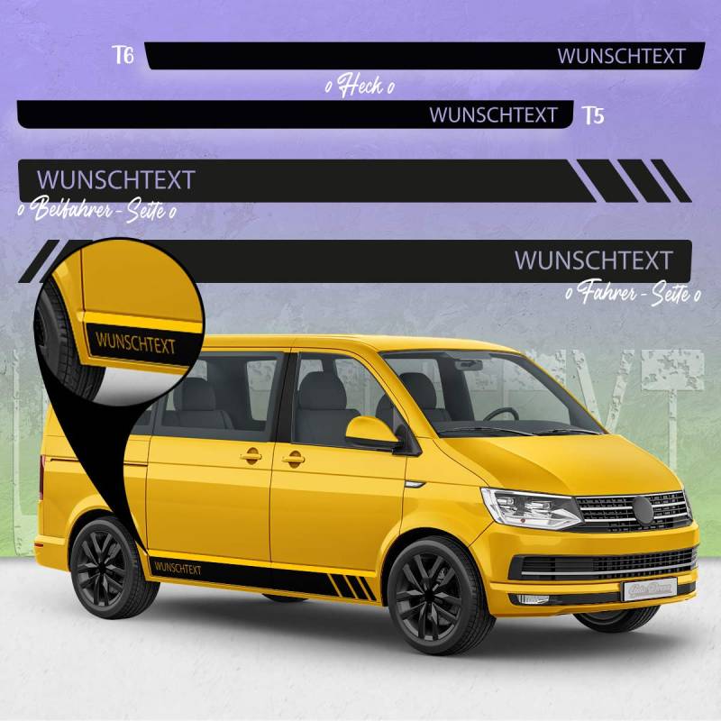 Auto-Dress Seiten-Streifen Aufkleber Set/Dekor passend für VW T4, T5 & T6 Bus - Motiv: Wunschtext Racing ohne Strich (111M Black Matt, Radstand: Kurz) von auto-Dress.de