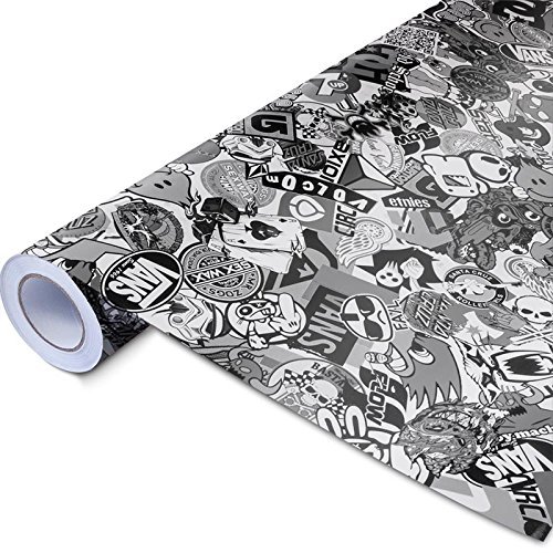 Auto-Dress® Stickerbomb Auto-Folie mit Luftkanal-Technik für 3D Car-Wrapping | Mit Marken & Logos, JDM Kfz Aufkleber (100x150cm, Design: Skate, Farbe: Schwarz-Weiß, Finish: Glanz) von Auto-Dress