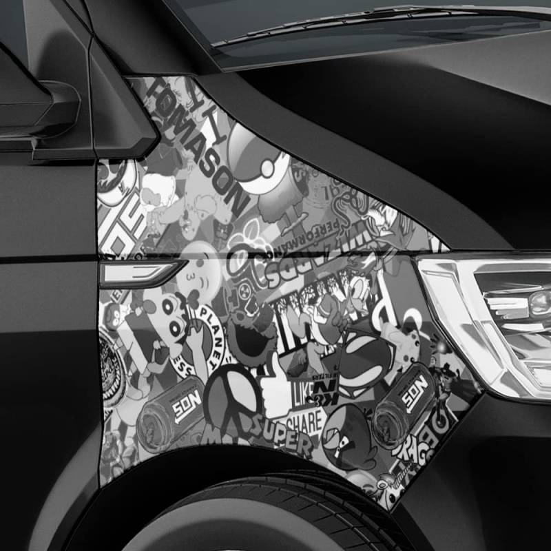 Auto-Dress Stickerbomb Auto-Folie mit Luftkanal-Technik für 3D Car-Wrapping (200x150cm, Design: Cartoon, Farbe: Schwarz-Weiß, Finish: Glanz) von auto-Dress.de
