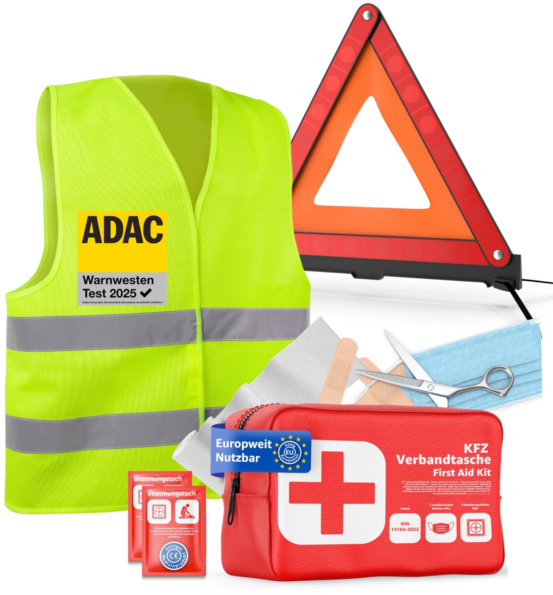 autogadget 3 in 1 - Verbandskasten & Warnweste & Warndreieck - Geprüft & aktuelle Norm - Autozubehör Set 2025 - KFZ Verbandskasten Pkw Set- Auto Erste Hilfe Pannenset & Unfall (3 in 1 Set) von autogadget