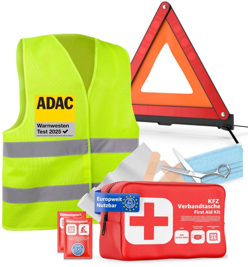 autogadget 3 in 1 - Verbandskasten & Warnweste & Warndreieck - Geprüft & aktuelle Norm - Autozubehör Set 2025 - KFZ Verbandskasten Pkw Set- Auto Erste Hilfe Pannenset & Unfall (3 in 1 Set) von autogadget