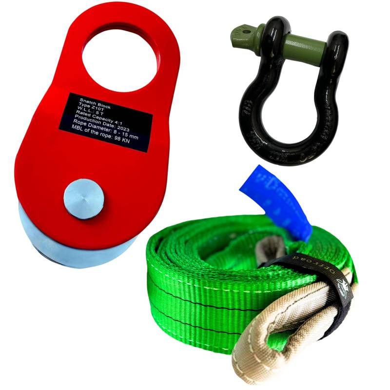 Bergeset - mit Umlenkrolle, Schäkel und Bergungsgurt - Abschleppgurt ideal als Abschleppset für Bergungen oder als Forstset (Umlenkrolle10T I Schäkel 7/8 I Bergegurt 1,5 m) von autooptimierer.de