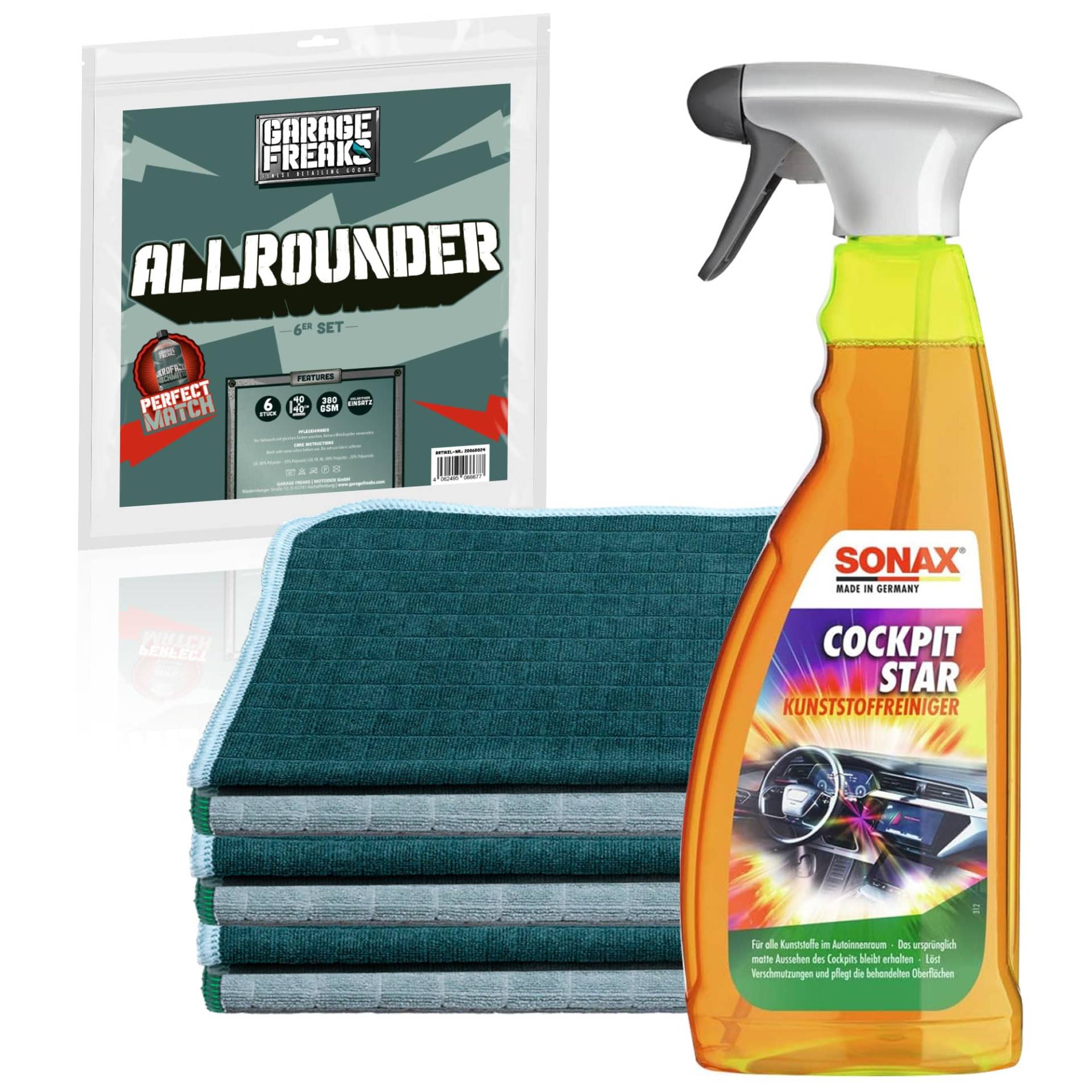 Auto Cockpitpflege Set | Sonax CockpitStar 750ml Kunststoffreiniger Innen + 6X Mikrofasertuch | Reinigungsset für alle Kunststoffteile im Innenraum | Cockpitspray von autopflege