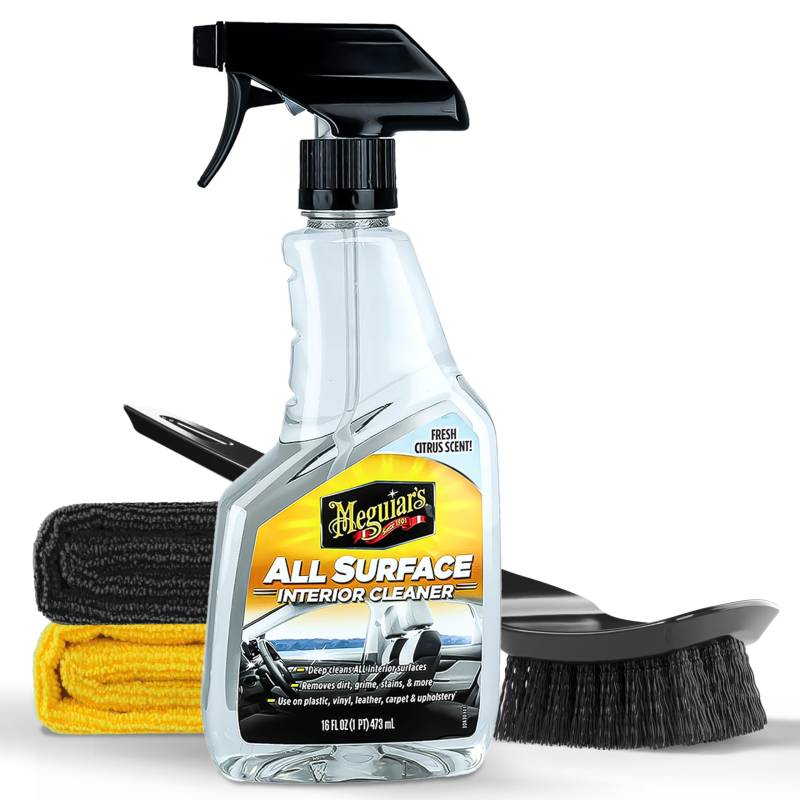 Auto Innenraum Reiniger Set | Meguiar's All Surface Interior Cleaner + Teppich Reinigungsbürste + 2x Mikrofasertuch | Innenraumreiniger geeignet für Kunststoff Leder Polster Teppich von autopflege