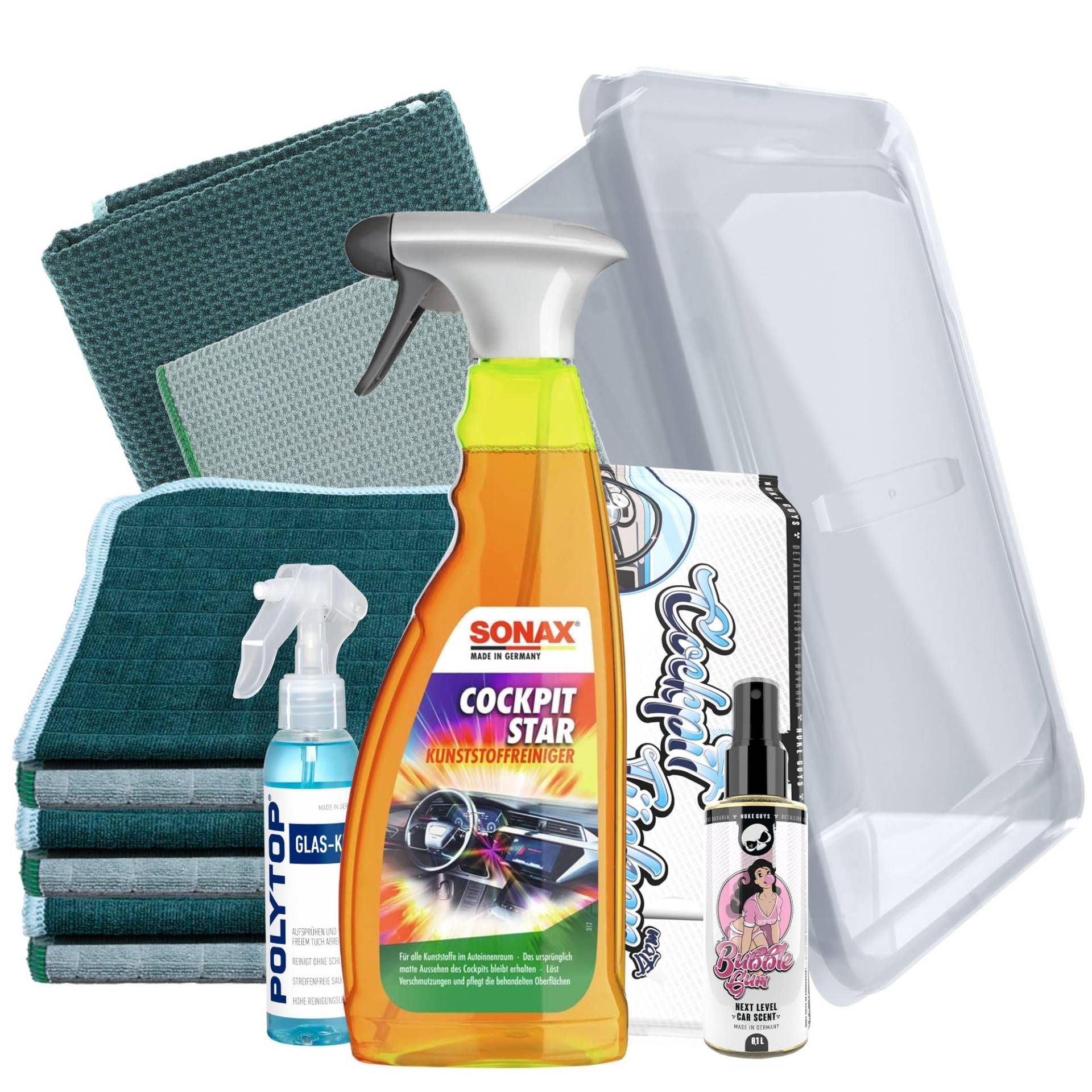 Auto Innenraum Reinigungsset | Sonax CockpitStar 750ml Kunststoffreiniger Innen + Glasreiniger 150ml + 2X Scheibentuch + 6X Mikrofasertuch + Duftspray + Cockpittücher | Reinigungsset Innen Auto Innenraum Reinigungsset | Sonax CockpitStar 750ml Kunststoffreiniger Innen + Glasreiniger 150ml + 2X Scheibentuch + 6X Mikrofasertuch + Duftspray + Cockpittücher | Reinigungsset Innen von autopflege