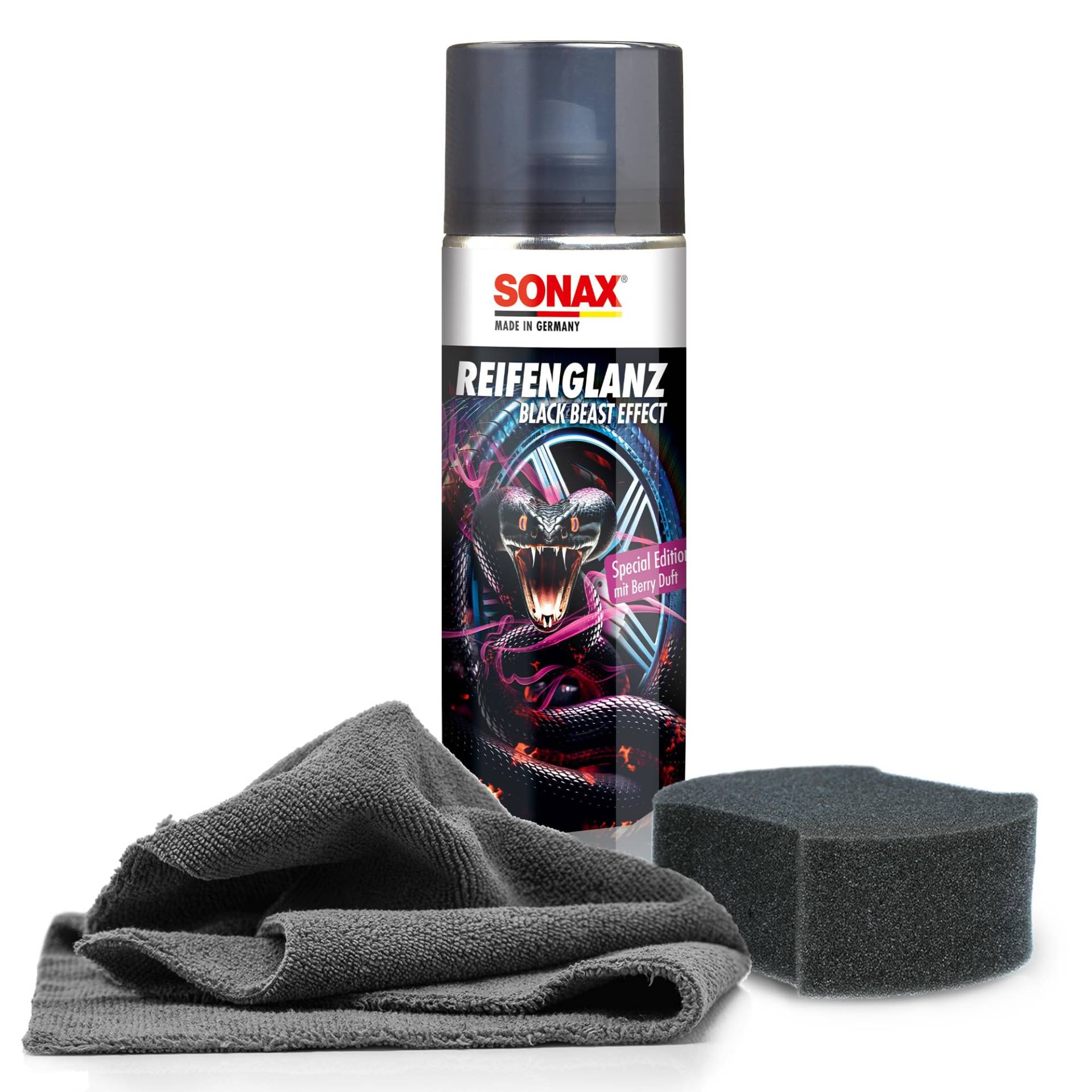 Auto Reifenpflege Set | Sonax ReifenGlanz Special Edition 500ml + Applikator Pad + Mikrofasertuch | Reifenglanzspray zur Pflege und Auffrischung von Reifen von autopflege