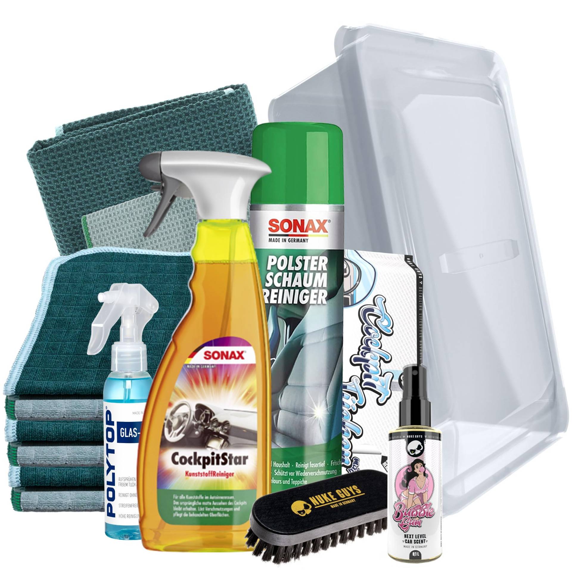 Auto Reinigungsset Innen | Sonax CockpitStar 750ml Kunststoffreiniger + Polsterreiniger 400ml + 6x Mikrofasertuch + Duftspray + Cockpittücher + Reinigungsbürste + Glasreiniger + 2x Scheibentuch Auto Reinigungsset Innen | Sonax CockpitStar 750ml Kunststoffreiniger + Polsterreiniger 400ml + 6x Mikrofasertuch + Duftspray + Cockpittücher + Reinigungsbürste + Glasreiniger + 2x Scheibentuch von autopflege