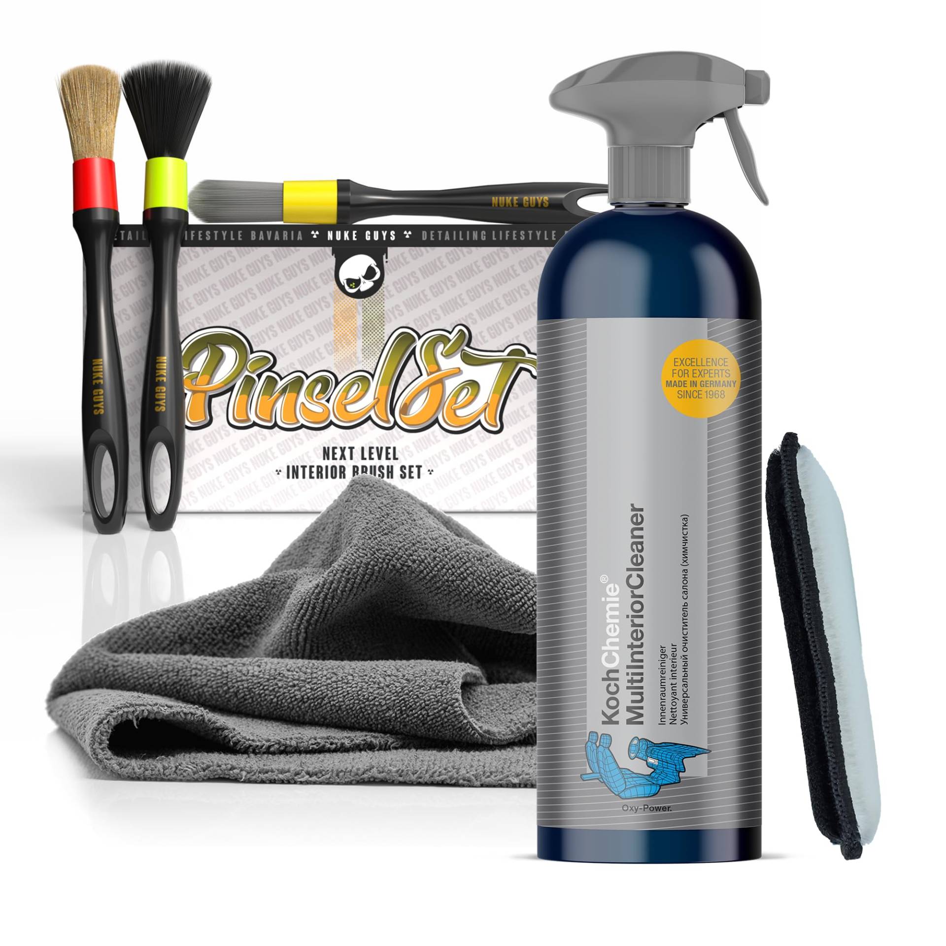 Auto Reinigungsset Innenraum | Koch Chemie Multi Interior Cleaner 750ml Innenraumreiniger + 3x Detailing Pinsel + Mikrofasertuch + Mikrofaser Pad |Effiziente Reinigung von Polster Textil Kunststoff von autopflege