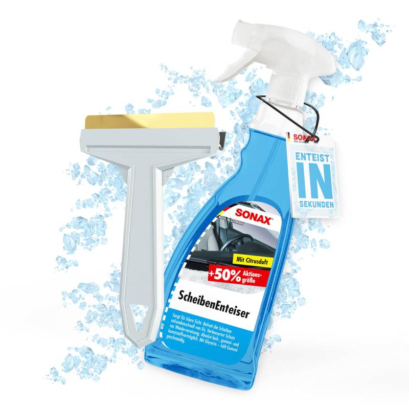 Auto Scheibenenteiser Set | 1x Sonax Scheiben Enteiser Spray 750ml für Autoscheiben + 1x Murska Eiskratzer mit Messingklinge | Enteiserspray für klare Sicht von autopflege