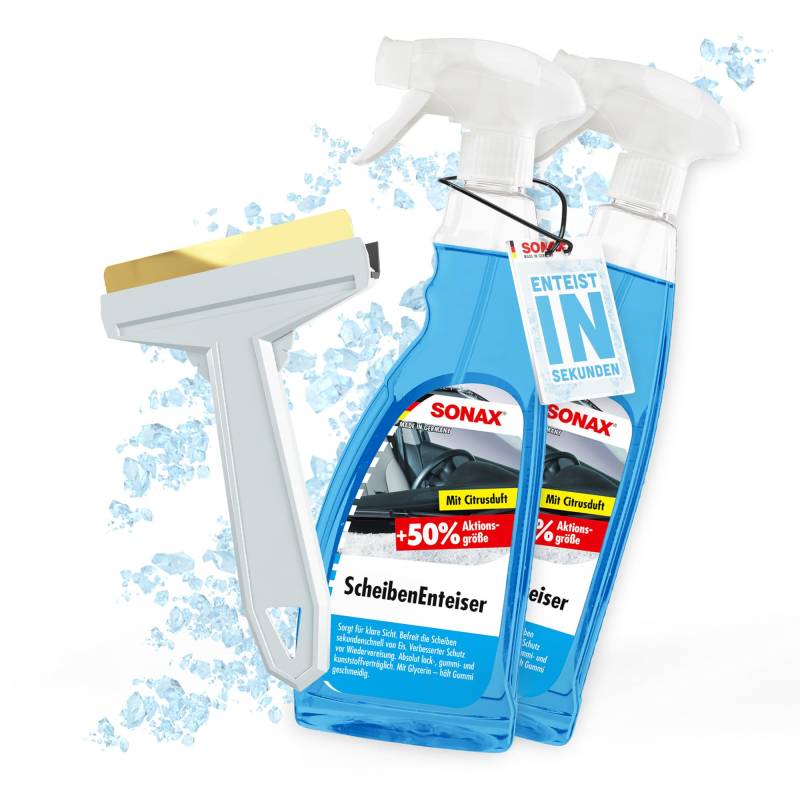 Auto Scheibenenteiser Set | 2X Sonax Scheiben Enteiser Spray 750ml für Autoscheiben + 1x Murska Eiskratzer mit Messingklinge | Enteiserspray für klare Sicht von autopflege