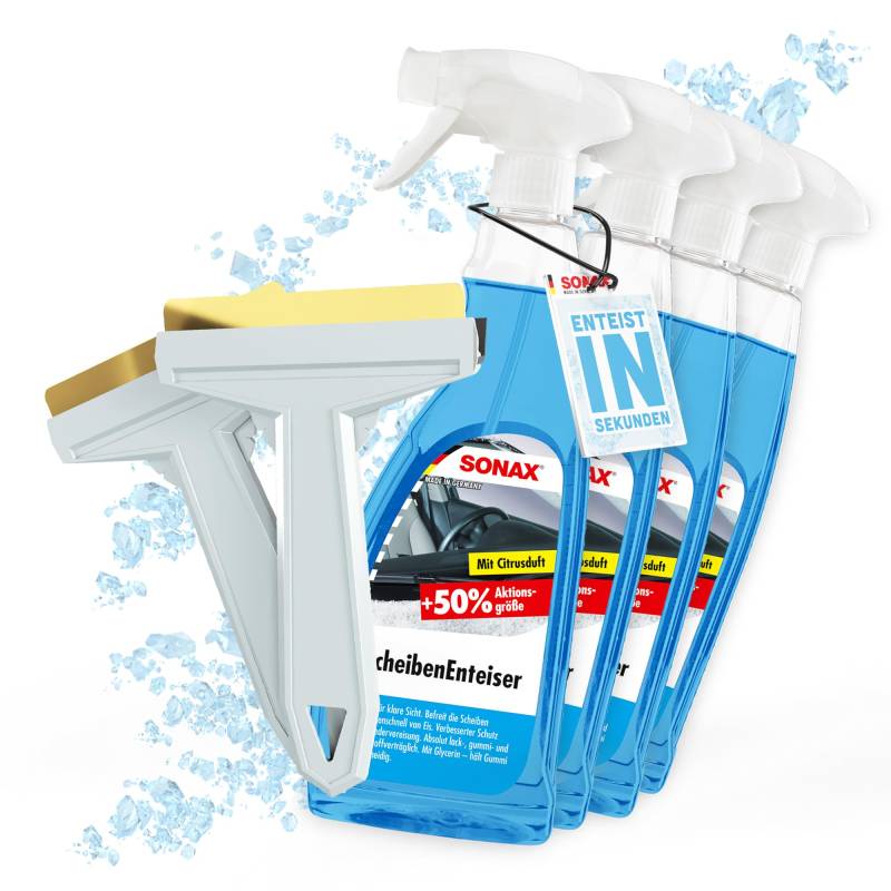 Auto Scheibenenteiser Set | 4X Sonax Scheiben Enteiser Spray 750ml für Autoscheiben + 2X Murska Eiskratzer mit Messingklinge | Enteiserspray für klare Sicht von autopflege