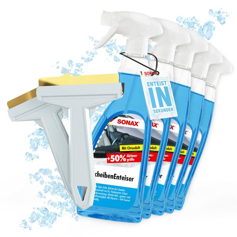 Auto Scheibenenteiser Set | 5X Sonax Scheiben Enteiser Spray 750ml für Autoscheiben + 2X Murska Eiskratzer mit Messingklinge | Enteiserspray für klare Sicht von autopflege
