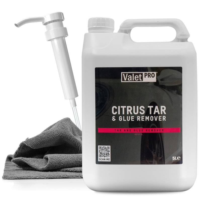 Autolack Klebstoff- & Teerentferner Set | ValetPRO Citrus Tar & Glue Remover 5l + Mikrofasertuch + Dispenser | Entfernt Kleberückstände Teer Baumharz von harten und lackierten Oberflächen am Auto von autopflege