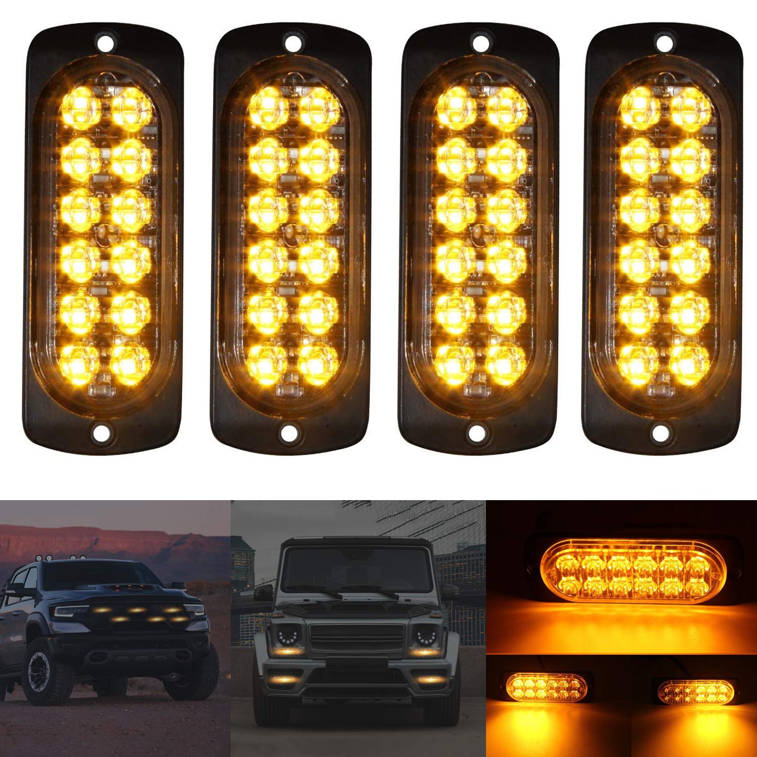 4PCS 12-24V LED Notfall-Stroboskop Blinklichter für PKW Warnlicht Stroboskoplicht Frontblitzer Orange Blitzer Licht Achtung Blinklicht Auto LKW Van Geländewagen ATV SUV von auvstar