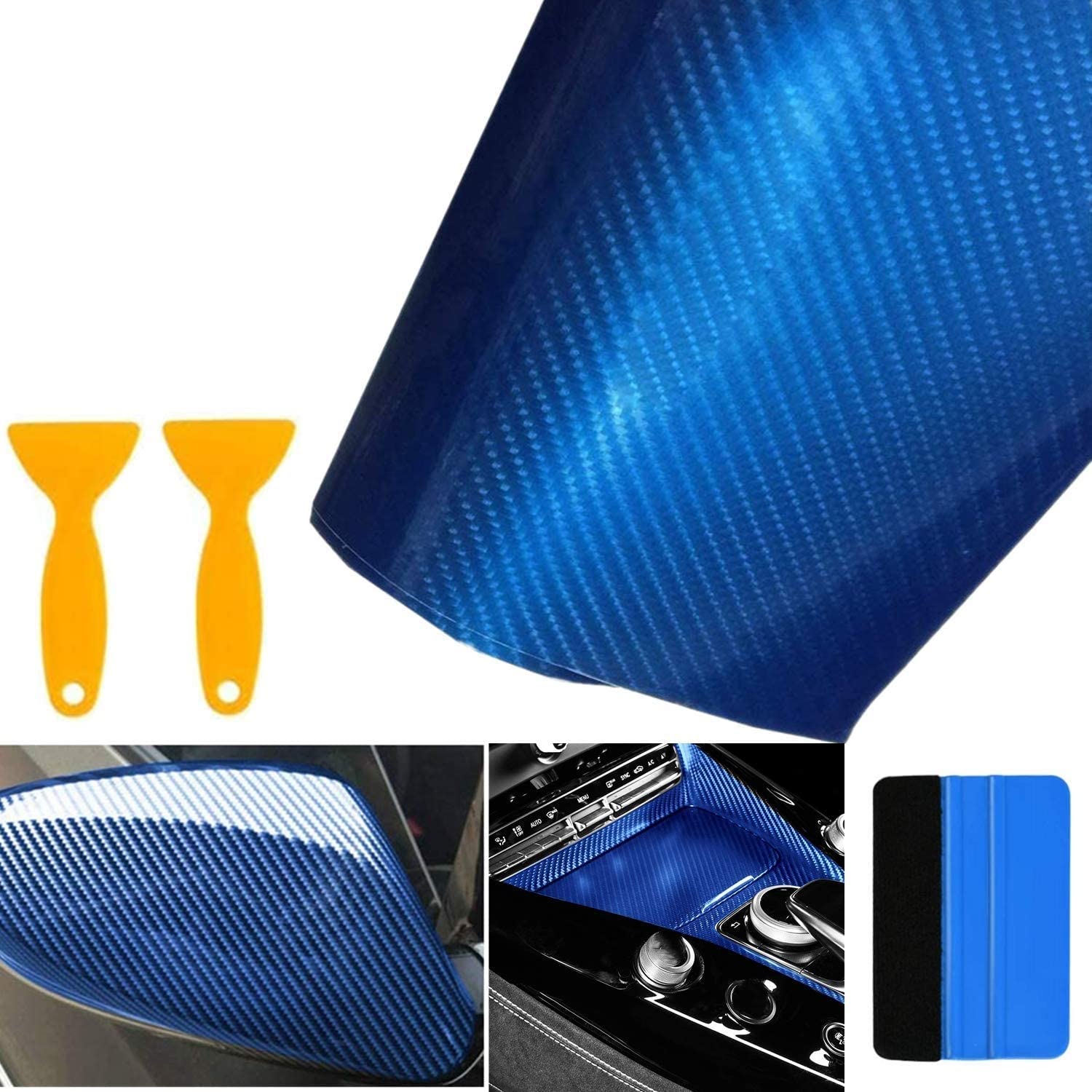 bangminda Autofolie Carbon Folie 6D Auto Folie Selbstklebende Kohlefaser-Vinylfolie, Wasserdichter Autoaufkleber mit Kunststoffschabern für Auto Computer Motorrad Möbel (Blau, 300x30 cm) von bangminda