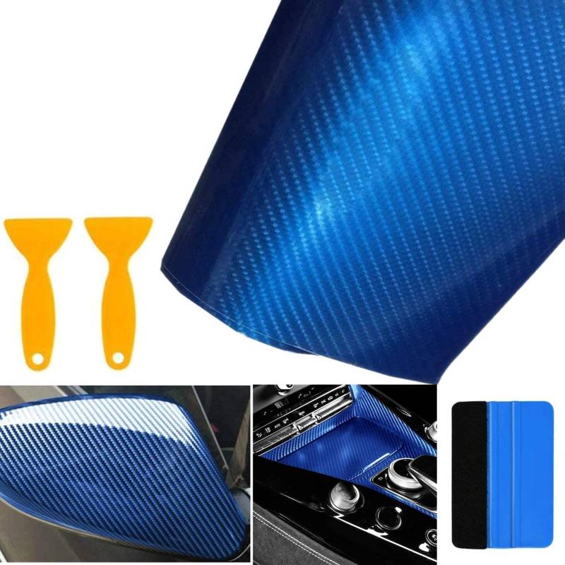 bangminda Autofolie Carbon Folie 6D Auto Folie Selbstklebende Kohlefaser-Vinylfolie, Wasserdichter Autoaufkleber mit Kunststoffschabern für Auto Computer Motorrad Möbel (Blau, 300x30 cm) von bangminda