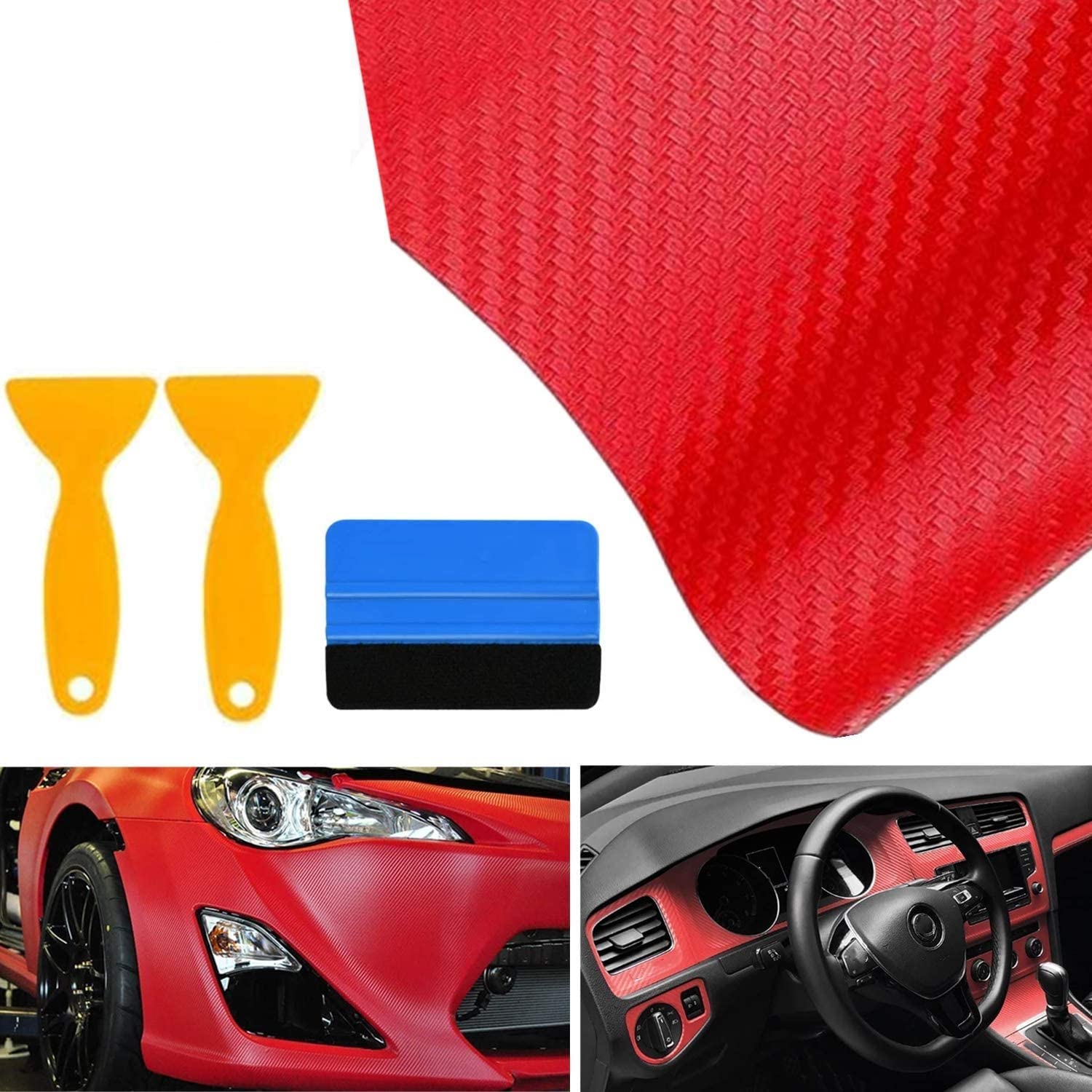 bangminda Autofolie Carbon Folie 6D Auto Folie Selbstklebende Kohlefaser-Vinylfolie, Wasserdichter Autoaufkleber mit Kunststoffschabern für Auto Computer Motorrad Möbel (Rot, 300x30 cm) von bangminda