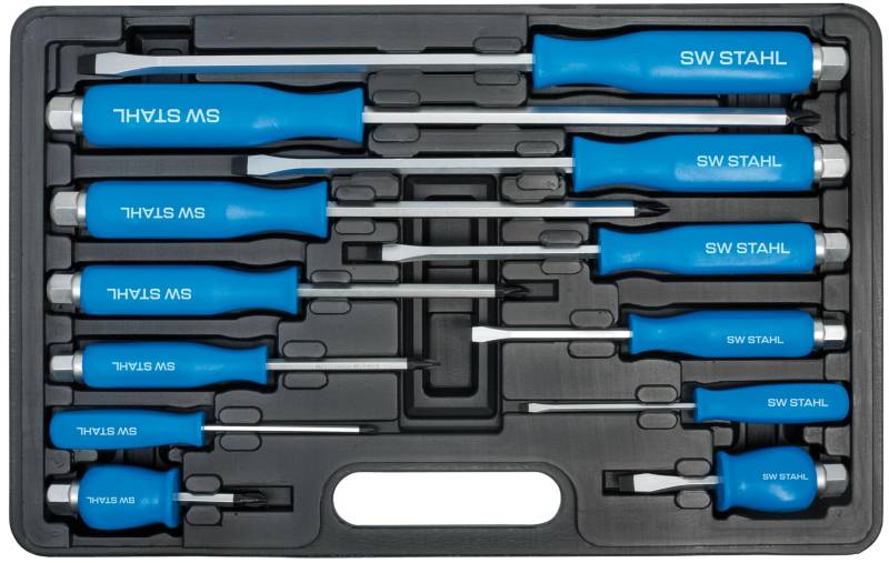 SW-Stahl S7890 Schraubendrehersatz 12-teilig schlagfest Schlitz+Kreuz PH I Schraubendreher Set aus Chrom-Vanadium I Schlagkappe mit Antriebssechskant I Kunststoffkoffer I Ergonomischer Softgriff von SW-Stahl