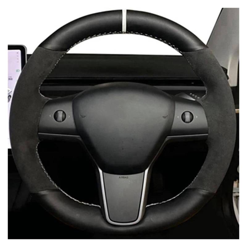 Auto Lenkradbezug Für Tesla Für Modell 3 2015-2021 Für Modell Für Y 2019-2021 Auto Lenkrad Abdeckung Wrap Non-Slip Echtes Leder Wildleder Leder Geflecht Lenkrad Bezug(C) von bcumst