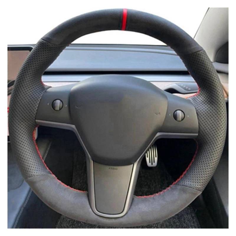 Auto Lenkradbezug Für Tesla Für Modell 3 2015-2021 Für Modell Für Y 2019-2021 Auto Lenkrad Abdeckung Wrap Non-Slip Echtes Leder Wildleder Leder Geflecht Lenkrad Bezug(F) von bcumst