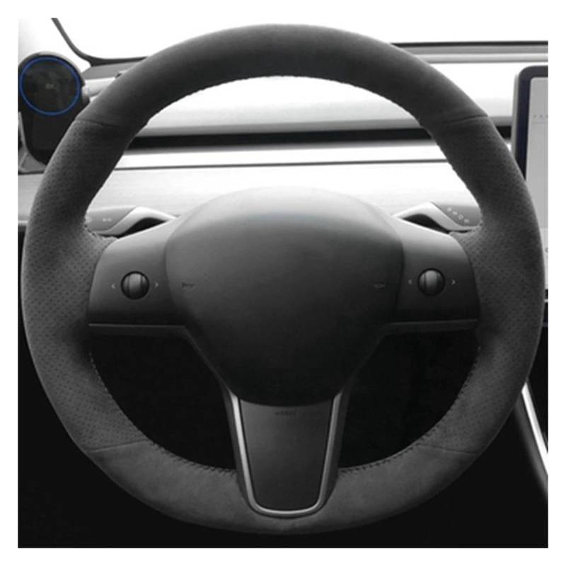 Auto Lenkradbezug Für Tesla Für Modell 3 2015-2021 Für Modell Für Y 2019-2021 Auto Lenkrad Abdeckung Wrap Non-Slip Echtes Leder Wildleder Leder Geflecht Lenkrad Bezug(Jh) von bcumst