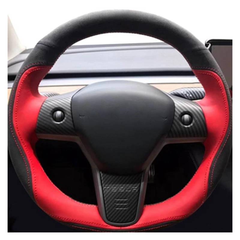 Auto Lenkradbezug Für Tesla Für Modell 3 2015-2021 Für Modell Für Y 2019-2021 Auto Lenkrad Abdeckung Wrap Non-Slip Echtes Leder Wildleder Leder Geflecht Lenkrad Bezug(T) von bcumst