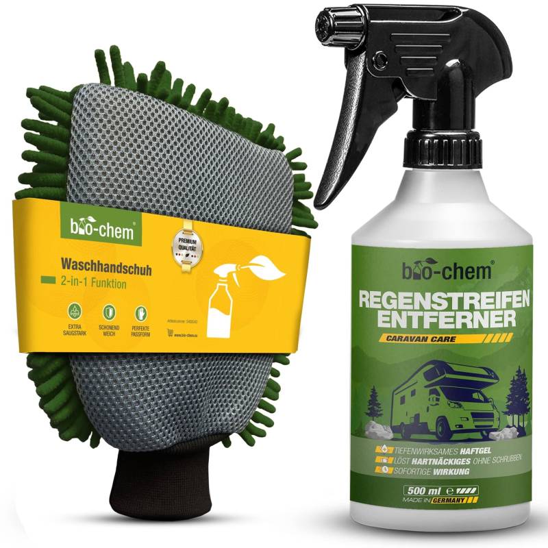 bio-chem Regenstreifen-Entferner für Wohnmobil, Caravan, Boot - 500 ml + Mikrofaser Waschhandschuh - Tiefenwirksames Haftgel - entfernt mühelos hartnäckige Verschmutzungen - Made in DE von bio-chem